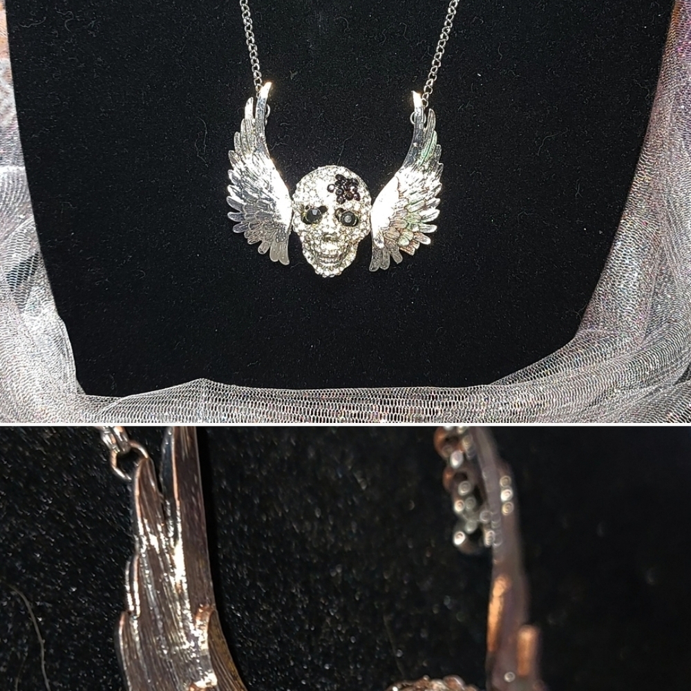 Betsy Johnson, Winged, Silver Tone, Skull Necklace